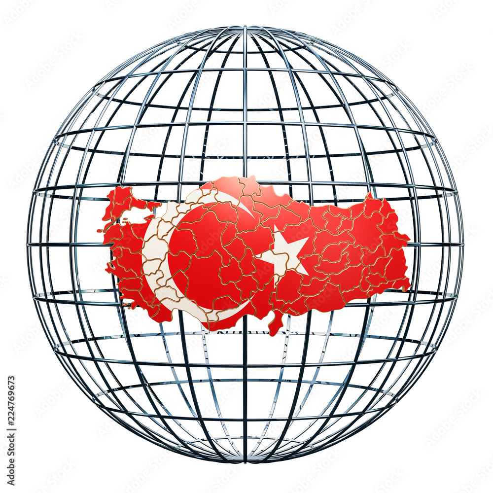 Poster turkish map on the earth globe. 3d rendering