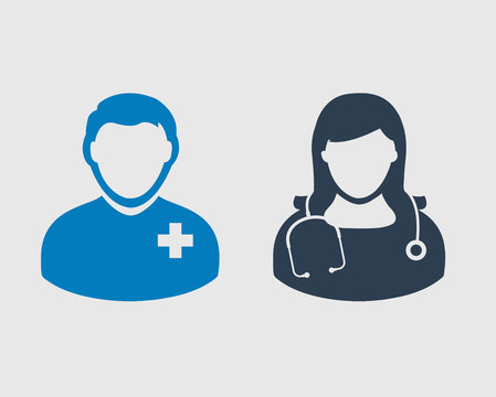 Medical Team Icon. Male and female doctor symbols on gray background.
