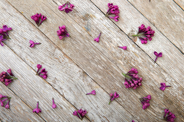 Flower arrangement on a wooden background. View from above.