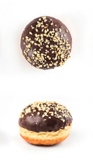 Closeup detail of tasty donut with chocolate and nuts, isolated on white background. Top and side view