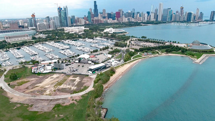 Chicago, Illinois lakefront aerial seen from the shores of Lake Michigan in late summer
