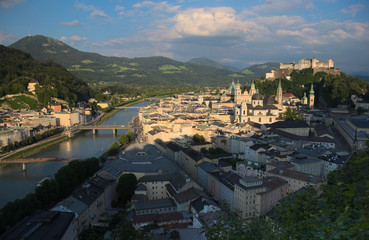 Overlooking city of Salzburg, Austria. The main landmarks are Hohensalzburg Fortress, Salzburg Cathedral and Franciscan Monastery.