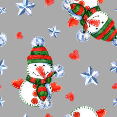 Christmas seamless pattern of holiday decor, snowman toys and decorations. Watercolor holiday illustration.