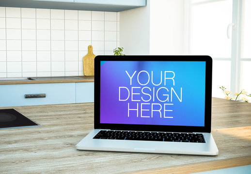 Laptop in Kitchen Mockup