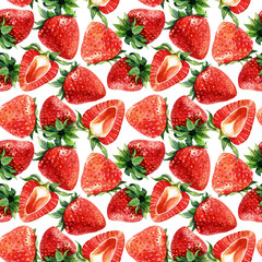 Seamless pattern of strawberries, watercolor background illustration of berries. - 224776012