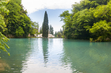 Abkhazia city of New Afon. Artificial waterfall on the river Psyrtsha