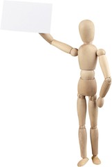 Wooden mannequin holding a blank card