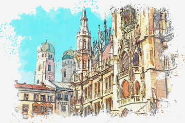 A watercolor sketch or illustration. Town Hall Marienplatz in the central square of Munich. Germany. - obrazy, fototapety, plakaty