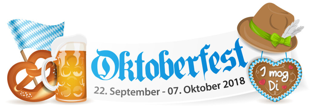 Oktoberfest 2018 Banner mit Bierglas, Brezel und Lebkuchenherz
