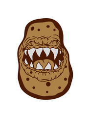 kartoffel monster horror halloween gefährlich zähne mund fressen essen lecker koch küche gemüse schürze chef backen grillen clipart comic cartoon design schale