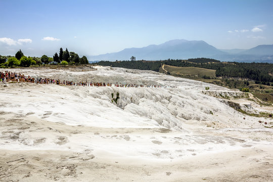 View on white . slopes and thermal springs and travertines of Pamukkale