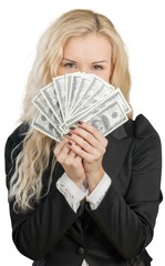 Friendly Businesswoman Holding Money - Isolated