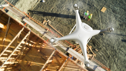 Unmanned Aircraft System (UAV) Quadcopter Drone In The Air Above Construction Site