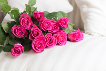 Heap of perfect pink roses on a white sofa couch