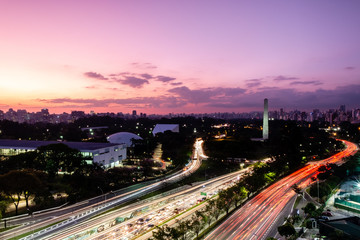 Sao Paulo city at nightfall, Brazil Ibirapuera Park - Obelisk.