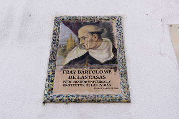 plaque in homage to Fray Bartolome de las Casas, defender of the Indians, in Seville, Andalusia. Spain