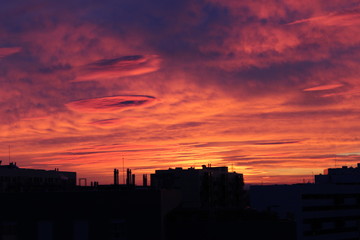 Fototapeta na wymiar Sunset, skybuilding, amazing violet sky