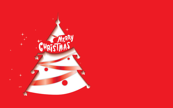 Cutout stylized white Christmas tree with retro text Merry Christmas and red decoration
