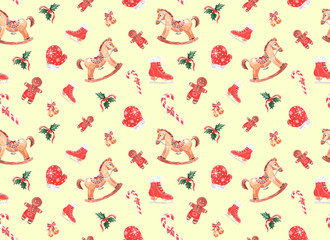watercolor pattern with Christmas toys on a colored background
