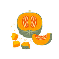 Ripe pumpkins illustration. Decorative pumpkins, whole and cut fruit shabby style. Flat design. Original simple flat illustration.