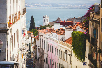 Beautiful super wide-angle aerial view of Lisbon, Portugal with harbor and skyline scenery beyond...