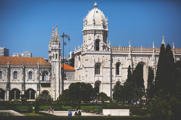 Fototapeta premium The Jeronimos Monastery or Hieronymites Monastery, near the Tagus river in the parish of Belem, in the Lisbon Municipality, Portugal, summer sunny day