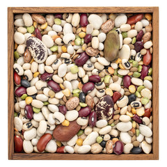 bean, lentils and pea mix in wooden box