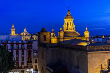 Fototapeta na wymiar view of the roofs of Seville at night in Andalucia, Spain.