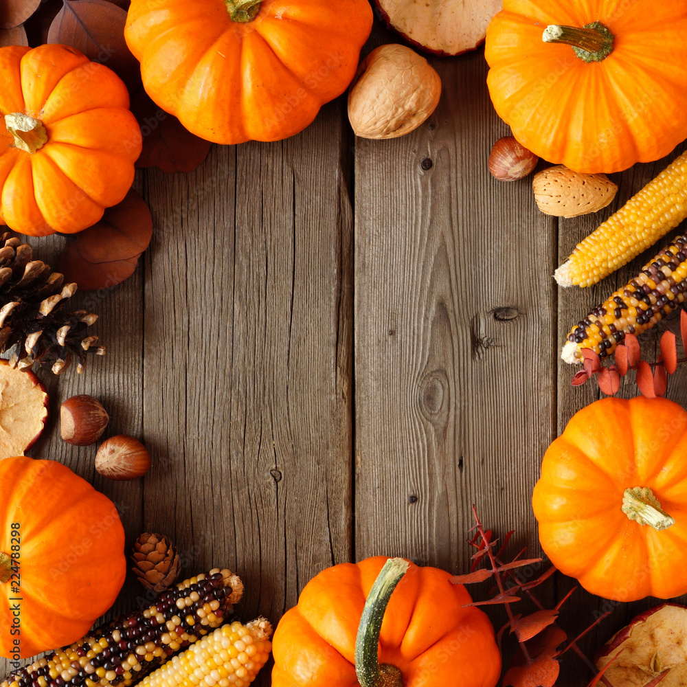 Aufkleber autumn square frame of pumpkins and fall decor on a rustic wood background with copy space