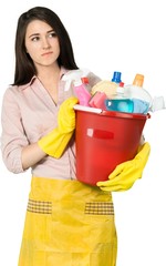 Young Charwoman Standing and Holding Accessories for Cleaning  -
