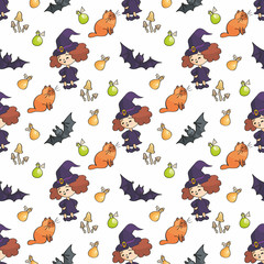 Halloween seamless pattern in doodle style. Childhood vector background.