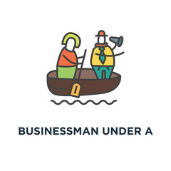 businessman under a lot of documents in the lifebuoy and holding a help placard, a lot of paper work icon. overworked concept symbol design, overload, busy and tired, stress, template, vector