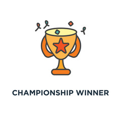 championship winner cup trophy with confetti icon. reward, game victory outline, concept symbol design, first place award best results, champion, top success, competition reward vector illustration
