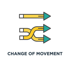 change of movement direction icon. stream replacement concept symbol design, changing of development, lane, way or route, transfer, several navigational arrows are turned in one direction, outline,