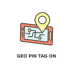 geo pin tag on mobile phone display, smartphone with map on screen, gps icon. destination concept symbol design, traveling, map navigation, location, road direction and pointer marker, outline,