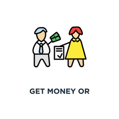 get money or investment for contract icon, make a deal, business template,, agreement, business people ( man and woman ) close the deal, process of payment, outline