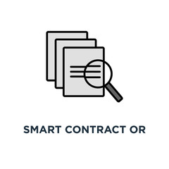 smart contract or smart contract review icon, symbol of outline concept main electronic blockchain ico document with loupe and code