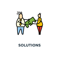 solutions icon. compatibility, ui for web and mobile design, concept symbol design, compound, teamwork, partnership, cute cartoon people assemble puzzle pieces, solving problem, style vector