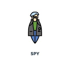 spy icon. agent, disguising, investigate, outline, concept symbol design, inspector, investigator, detective character in cute hat with magnifying glass, sleuthing vector illustration