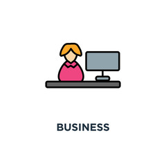 business icon, work at the computer, cute funny cheerful woman character is working and looking out behind the monitor, programmer, customer service, linear,, freelance