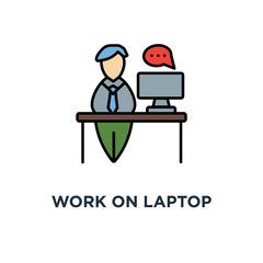 work on laptop icon. workplace, cute cartoon adult man working on computer, freelancer character concept symbol design, supporter, online support or chatting, answers and questions, business, office