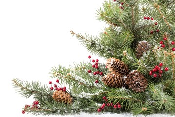 Christmas greeting card with fir tree branches and cones, snow