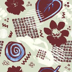 Abstract seamless pattern. Stylized flowers and leaves, texture of smears and spray paint.