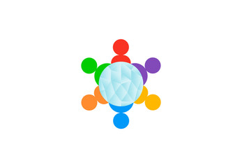 Teamwork group people surrounding globe, vector logo