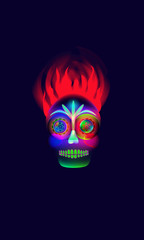 Fototapeta na wymiar Vibrant, glowing, neon style, colorful halloween skull illustration 