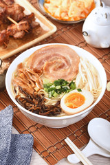 Delicious Japanese spare-rib ramen on wooden table