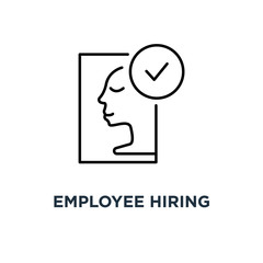 employee hiring with thin man icon, symbol of side view of face and people happy emotion like pleasure concept stroke style trend modern lineart logotype graphic art design