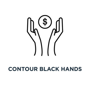 contour black hands with dollar coin icon, symbol of pocket money for kids or save commerce success concept stroke style trend modern linear simple logotype graphic art design