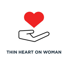 Obraz premium red thin heart on woman hand icon, symbol of nonprofit organization or man stroke arm like marriage proposal concept contour style trend logotype graphic art design