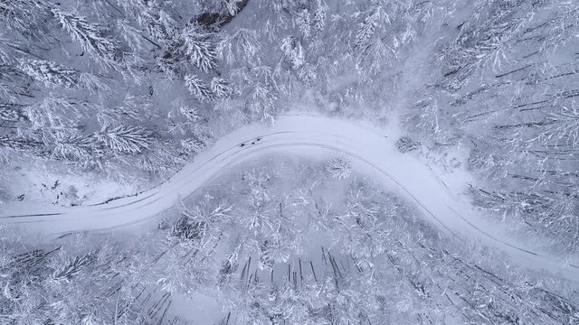 Aerial - Top down shot of two people ski walking on snowy road